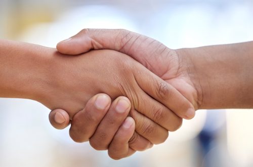 Closeup, handshake and people meeting for introduction, HR agreement and support of b2b deal, partn.